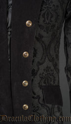 Close up of gold coloured decorative buttons and velvet lapel of men's black brocade pirate coat