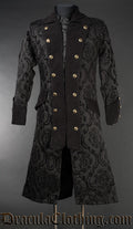Men's pirate inspired coat made from thick black brocade fabric with velvet accents in an open double breasted style with decorative gold coloured buttons