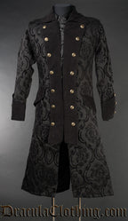 Men's pirate inspired coat made from thick black brocade fabric with velvet accents in an open double breasted style with decorative gold coloured buttons