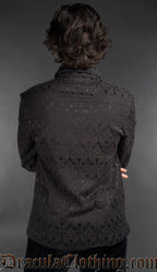 Back view Victorian-inspired black cotton brocade men’s shirt with button front, gothic fashion style