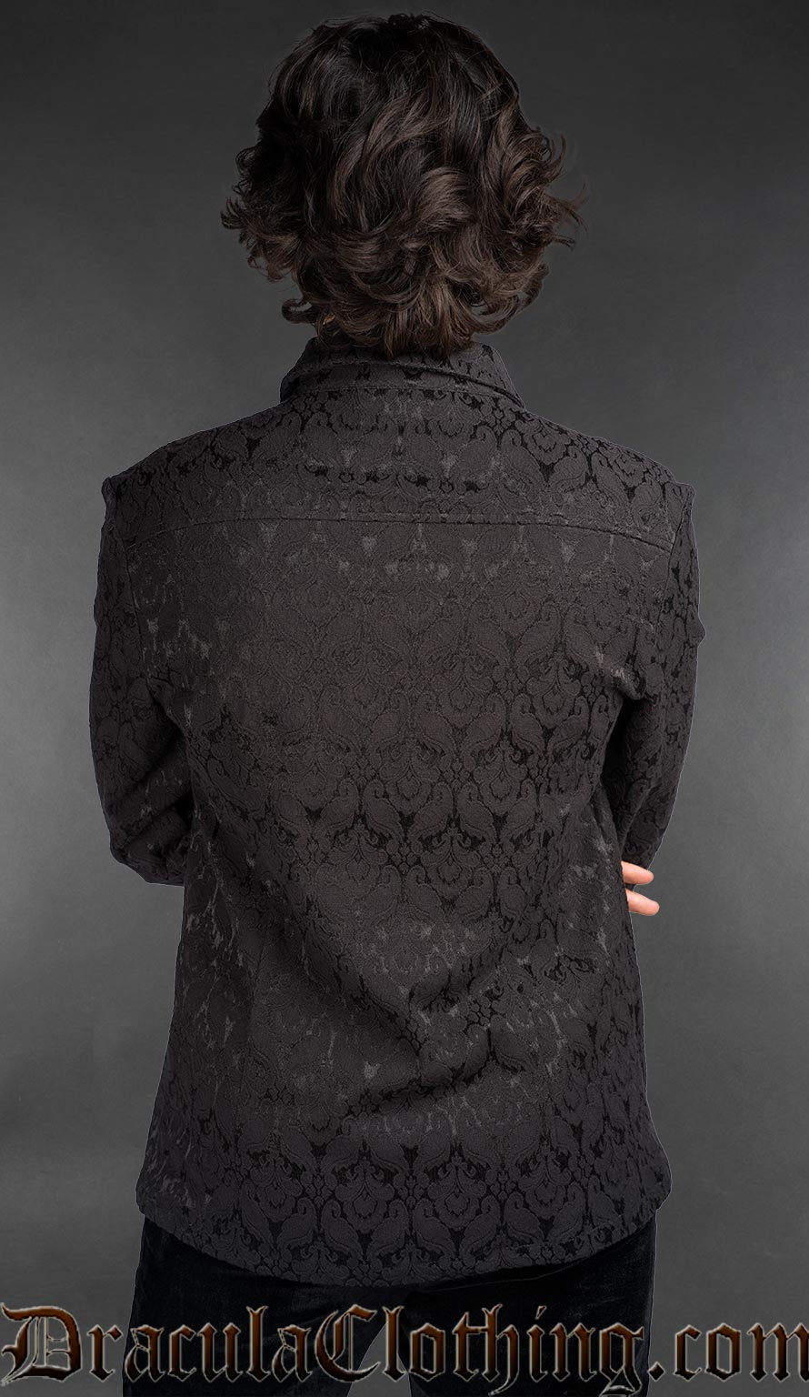 Back view Victorian-inspired black cotton brocade men’s shirt with button front, gothic fashion style