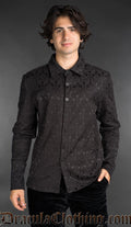 Victorian-inspired black cotton brocade men’s shirt with button front, gothic fashion style.