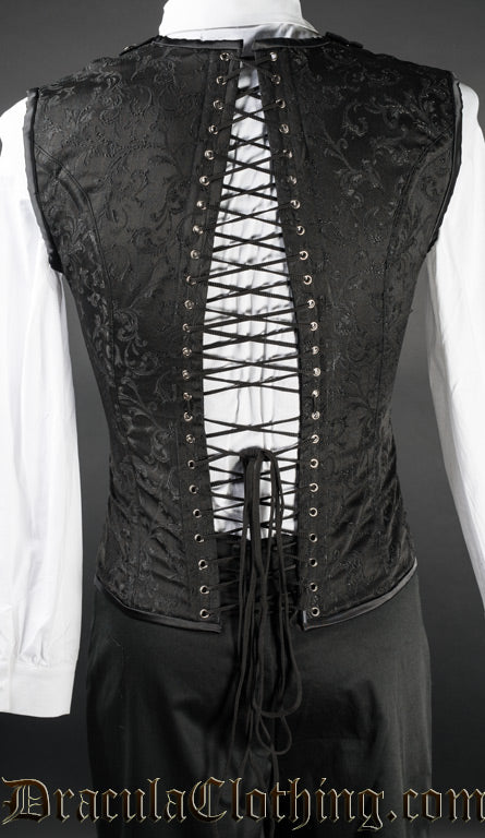 Back view of men's black brocade v-shaper vest showing shaping in back and adjustable lacing