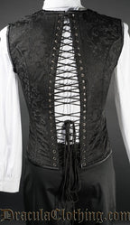 Back view of men's black brocade v-shaper vest showing shaping in back and adjustable lacing