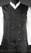 Men's v-shaper vest made in black brocade fabric with two rows of silver coloured poppers either side