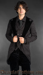 Cotton Black brocade hooded coat with velvet trim, Victorian gothic style menswear