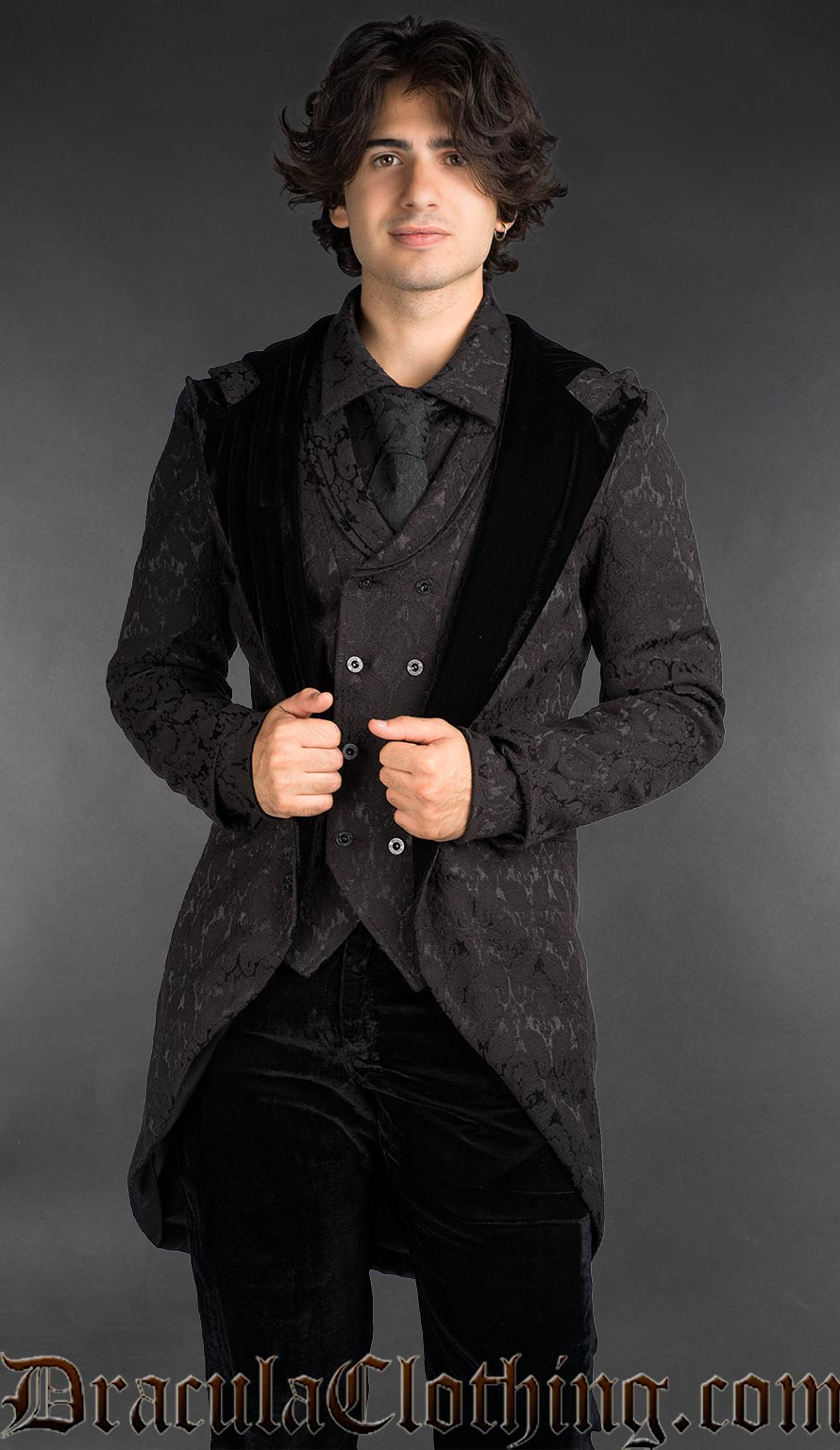 Cotton Black brocade hooded coat with velvet trim, Victorian gothic style menswear