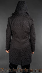 Back view of Cotton Black brocade hooded coat with velvet trim, Victorian gothic style menswear