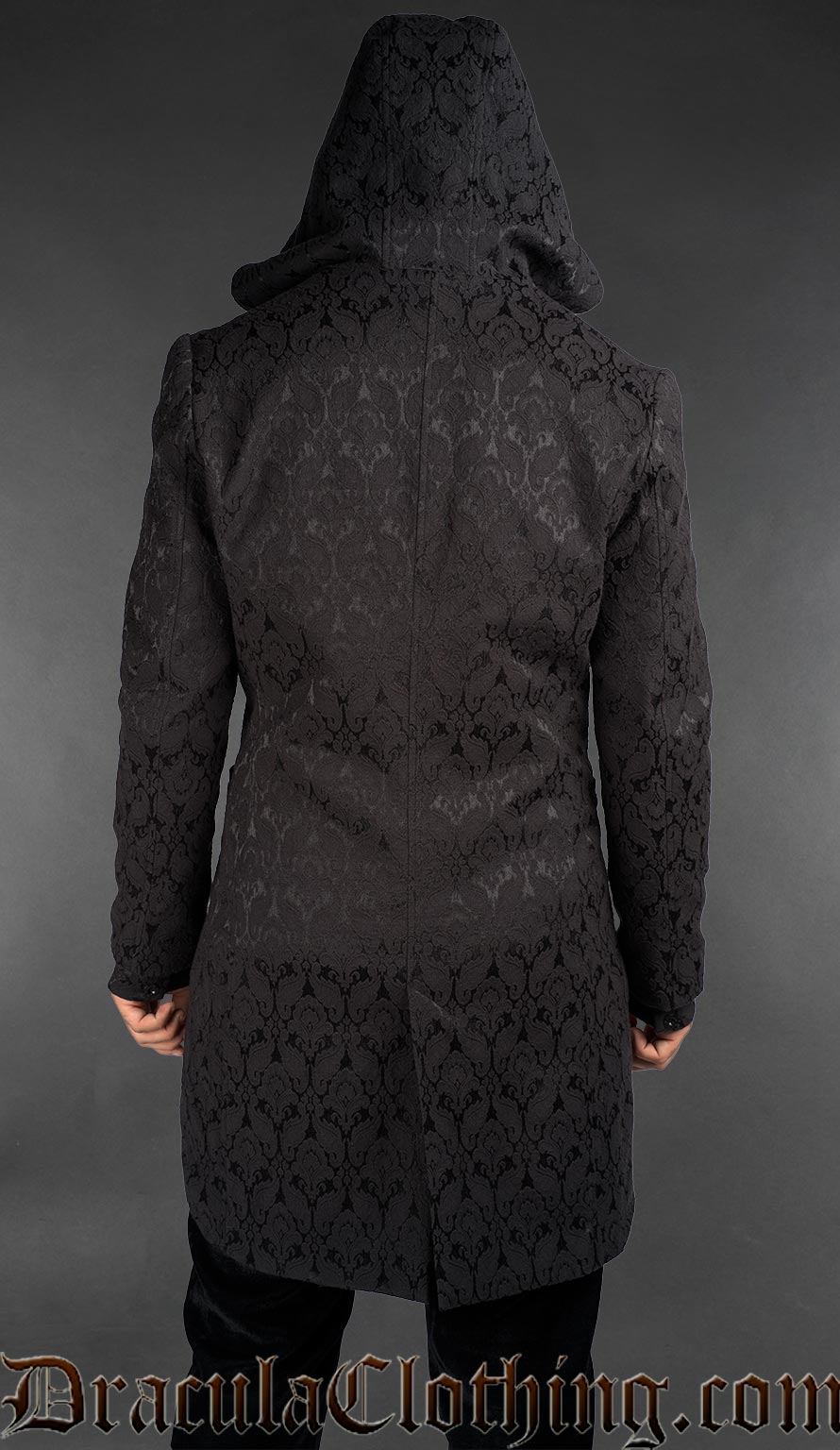 Back view of Cotton Black brocade hooded coat with velvet trim, Victorian gothic style menswear