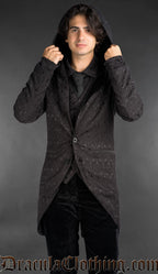 Cotton Black brocade hooded coat with velvet trim, Victorian gothic style menswear