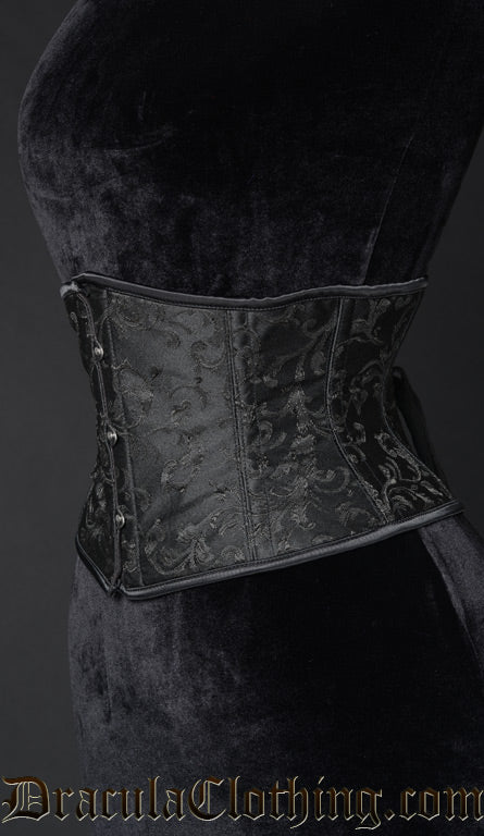 Side view of black waist cincher featuring woven black brocade details