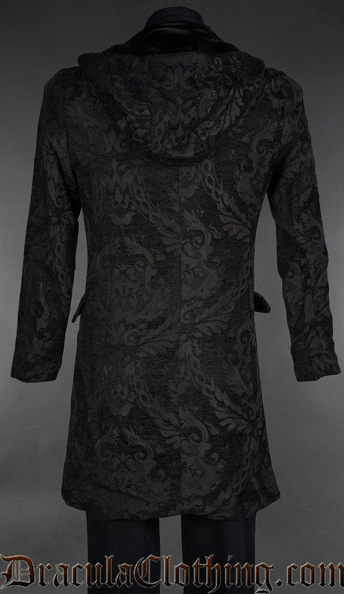 Black chenille brocade suit jacket with a floral pattern, notch lapels, 4-button front, and flap pockets, back side
