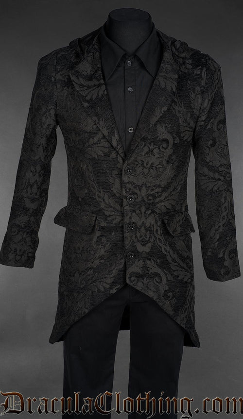 Black chenille brocade suit jacket with a floral pattern, notch lapels, 4-button front, and flap pockets