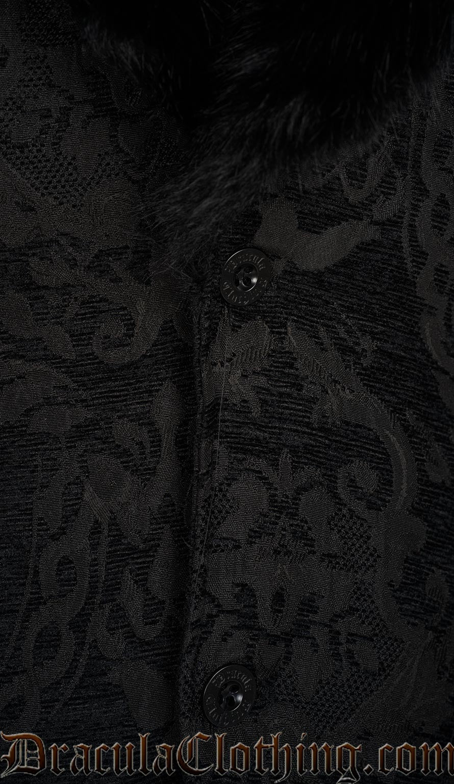 Black Chenille Brocade Regent Faux Fur Coat