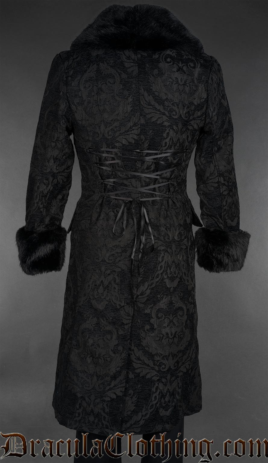 Black Chenille Brocade Regent Faux Fur Coat