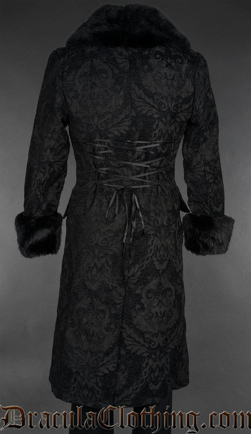 Black Chenille Brocade Regent Faux Fur Coat