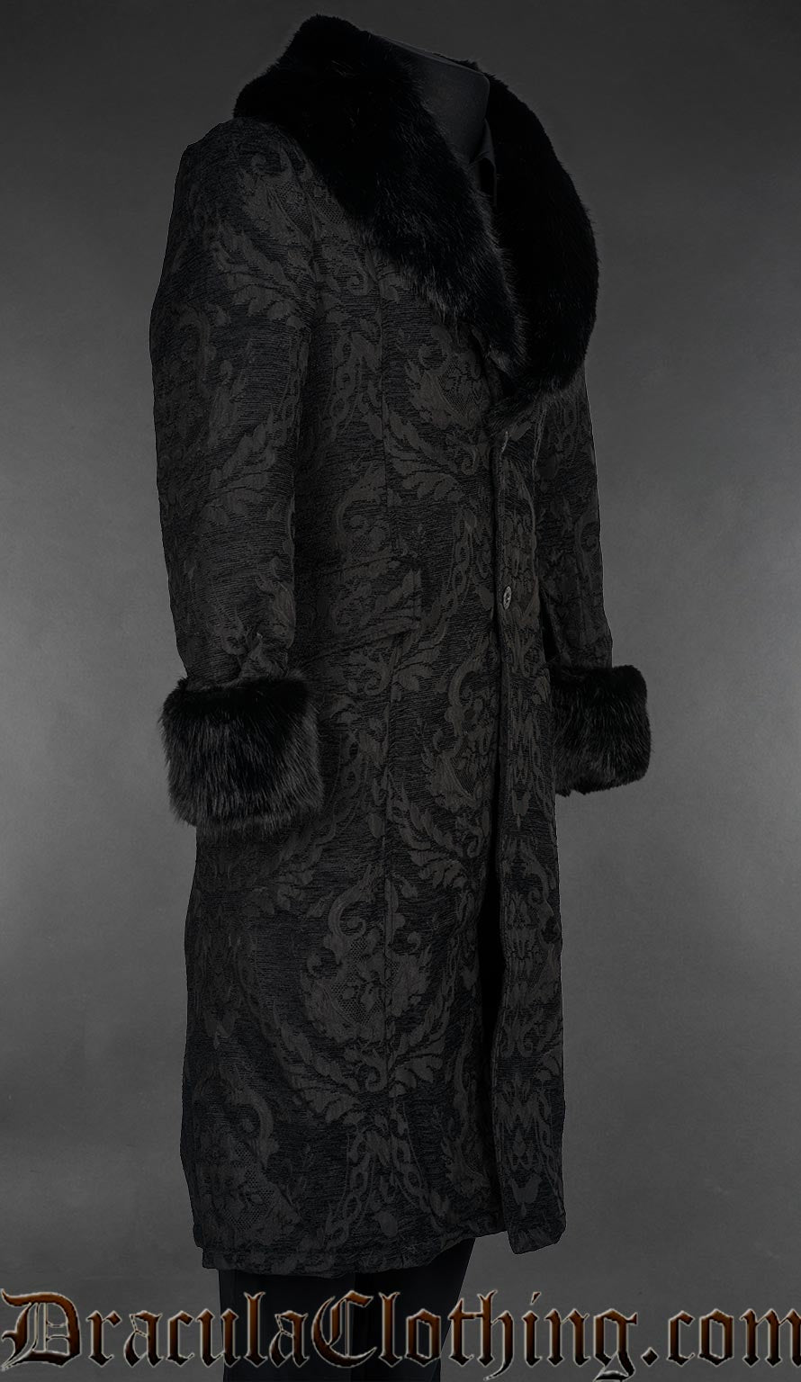 Black Chenille Brocade Regent Faux Fur Coat
