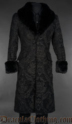 Black Chenille Brocade Regent Faux Fur Coat