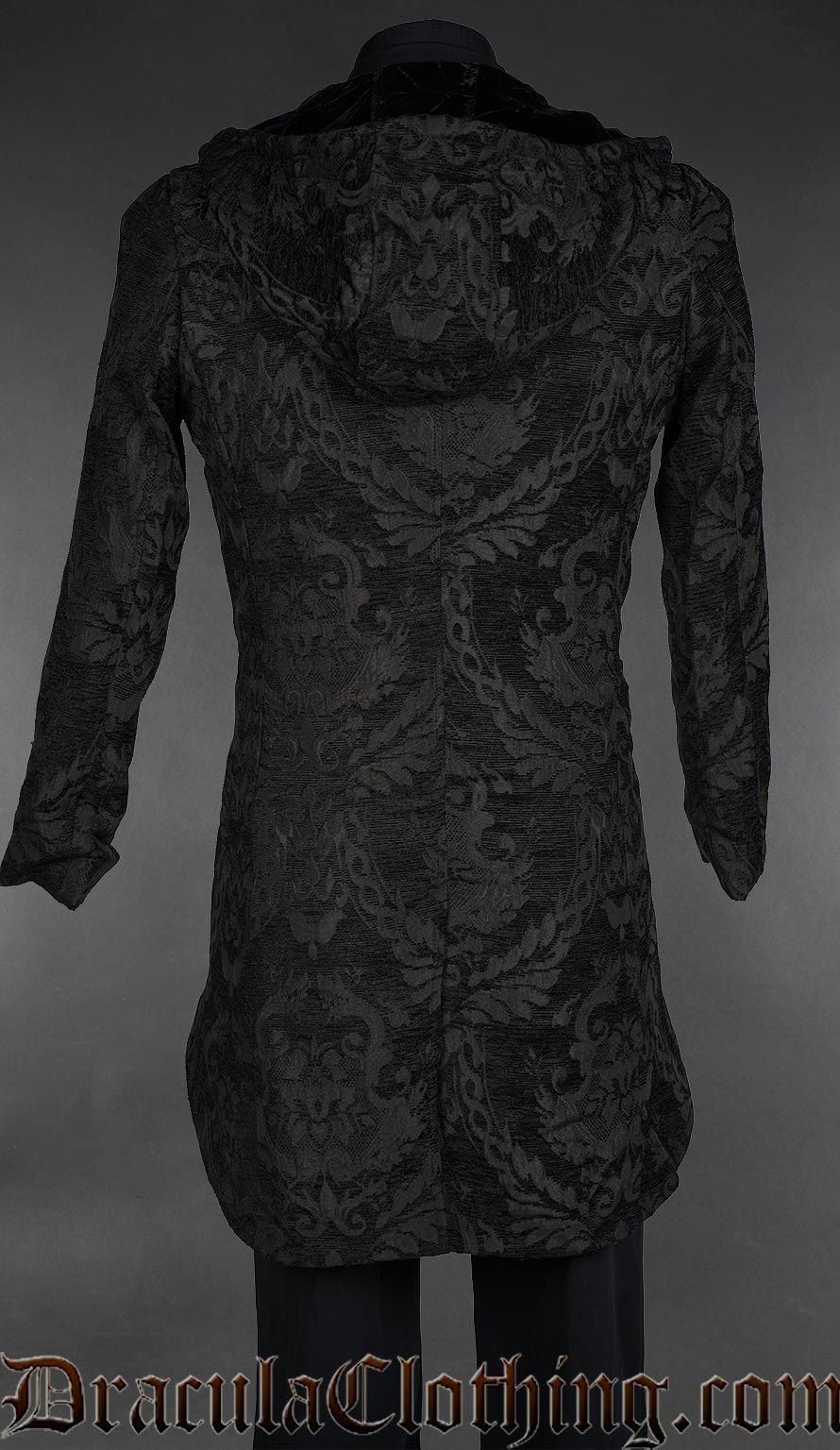 Black Chenille Brocade Velvet Detail Hooded Suit Jacket