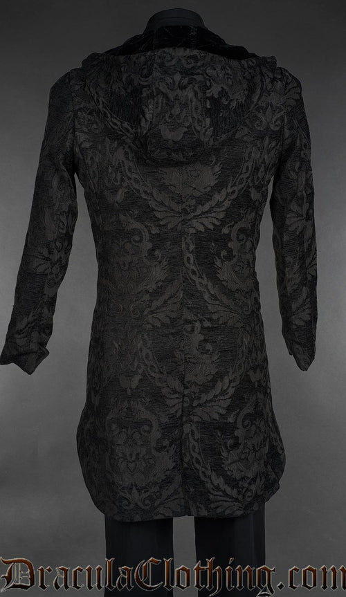 Black Chenille Brocade Velvet Detail Hooded Suit Jacket