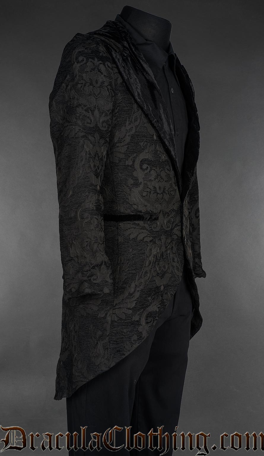 Black Chenille Brocade Velvet Detail Hooded Suit Jacket