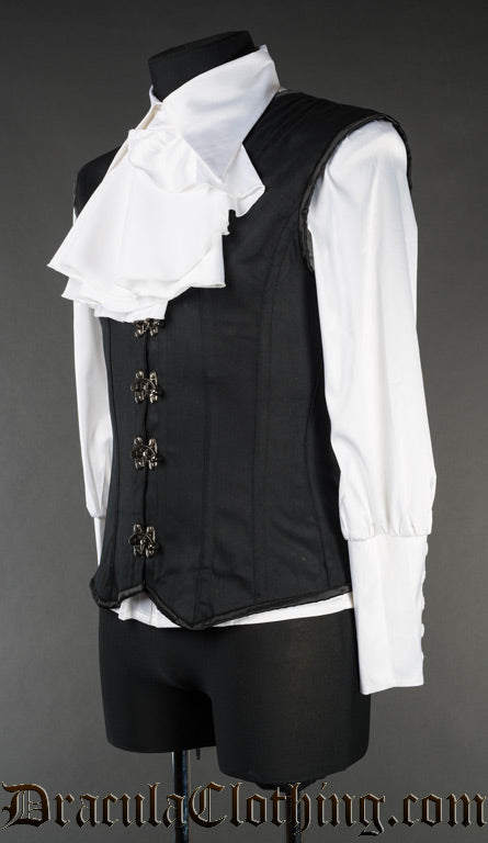 Side view of men's black cotton v-shaper shown with white cravat