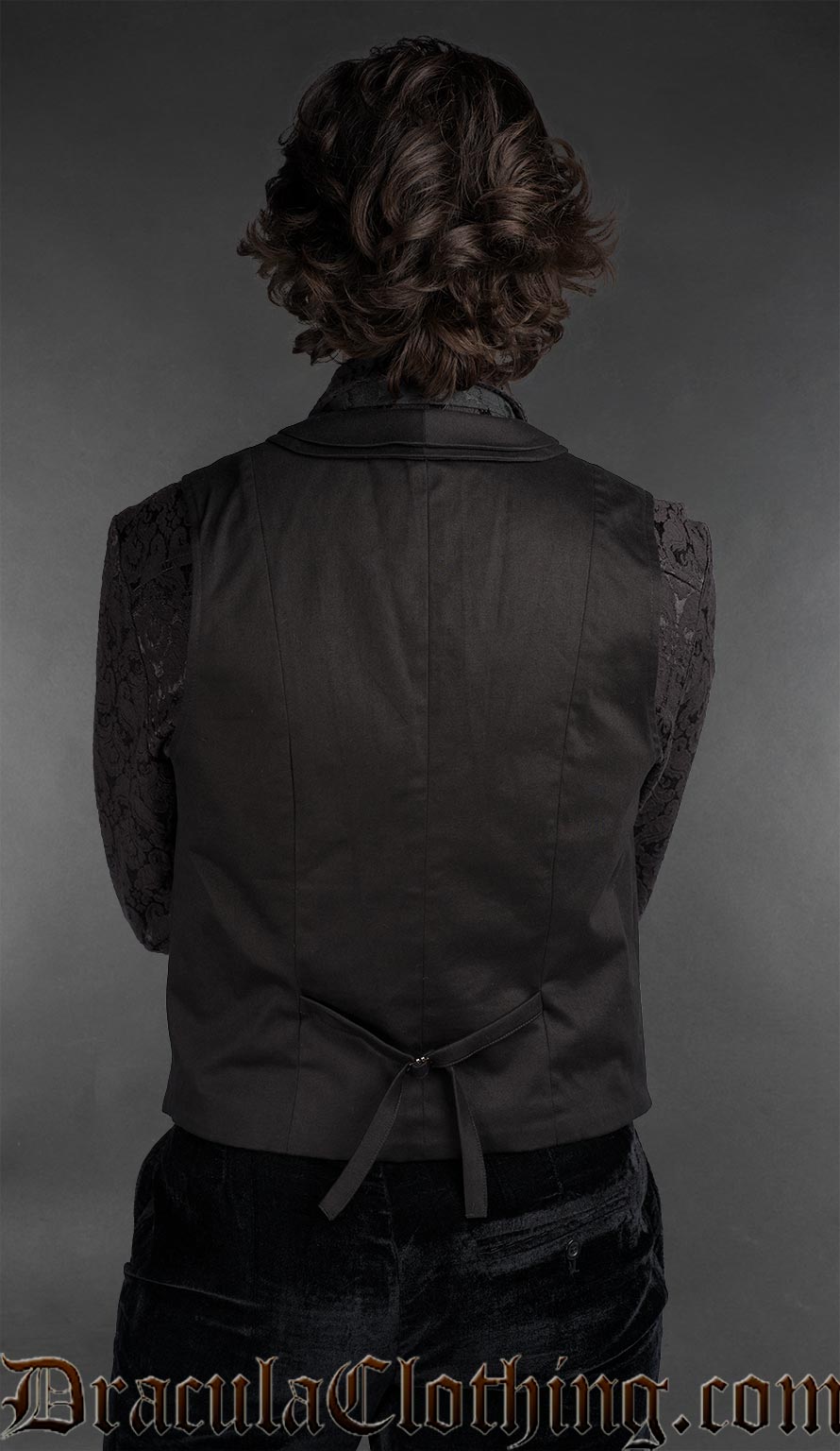 Back view of Gothic black cotton double-breasted waistcoat for men with tailored fit and minimalist design