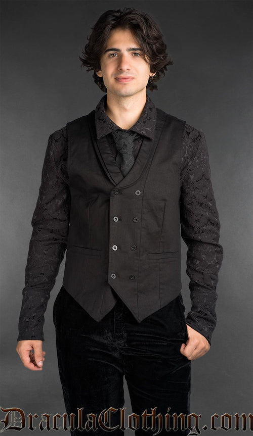 Gothic black cotton double-breasted waistcoat for men with tailored fit and minimalist design