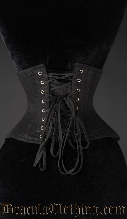 Back view of black cotton extreme waist cincher showing adjustable lacing and modesty panel