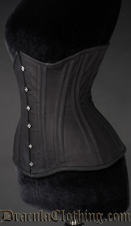 Side view of black cotton corset showing extreme waist style shaping
