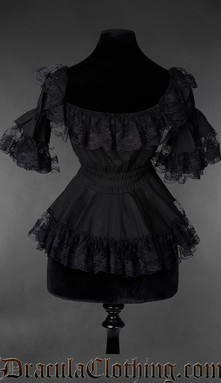 Back view of Gothic Victorian black cotton lace blouse with ruffled neckline and fitted waist