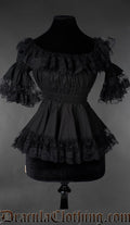 Gothic Victorian black cotton lace blouse with ruffled neckline and fitted waist