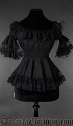 Gothic Victorian black cotton lace blouse with ruffled neckline and fitted waist