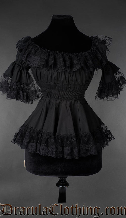 Gothic Victorian black cotton lace blouse with ruffled neckline and fitted waist