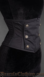 Side view of black cotton panel waist cincher showing shaping