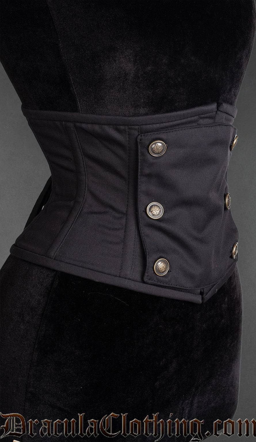 Side view of black cotton panel waist cincher showing shaping