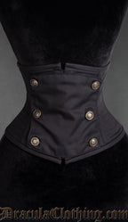 Women's black cotton waist cincher with panel front and gold coloured buttons