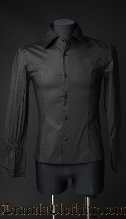 Men's long sleeved black shirt with elasticated gathered cuffs shown without cravat