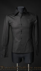 Men's long sleeved black shirt with elasticated gathered cuffs shown without cravat