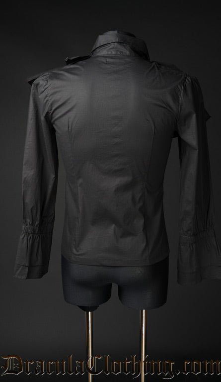 Back view of men's long sleeved black cotton shirt
