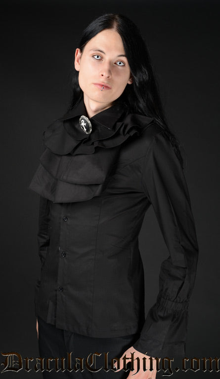 Model wearing black cotton ruffle shirt with long sleeves and detachable cravat