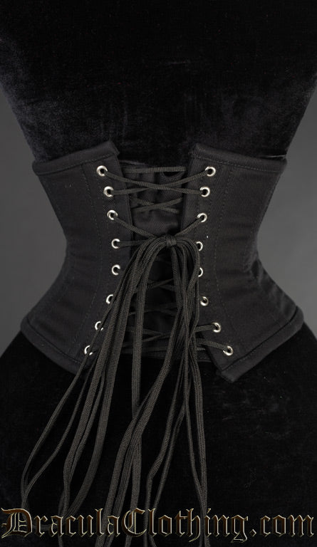 Back view of adjustable corset lacing on the black cotton waist cincher