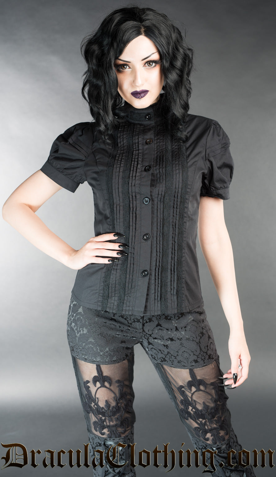 Black cotton women's blouse with lace details puffed short sleeves and high neck collar