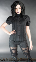 Black cotton women's blouse with lace details puffed short sleeves and high neck collar