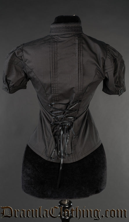 Back view of women's black edwardian blouse showing adjustable lacing in back