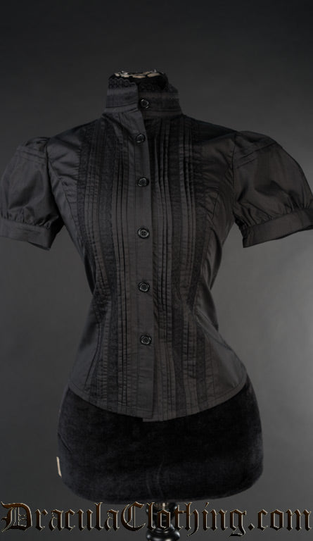 Women's black short sleeved blouse with high neck collar and pleated lace detail design on the front