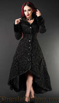 Women's black high low coat with faux fur trim satin lining and black brocade damask patterned fabric 