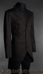 Black Victorian gothic frock coat for men front angled view on mannequin with tailored long coat design