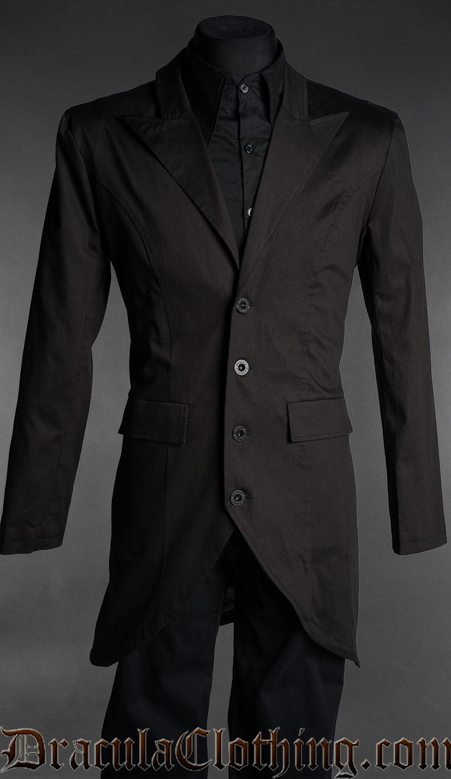 Black Victorian gothic frock coat for men front view on mannequin with tailored long coat design