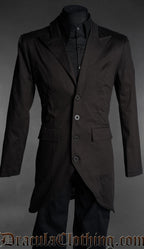 Black Victorian gothic frock coat for men front view on mannequin with tailored long coat design